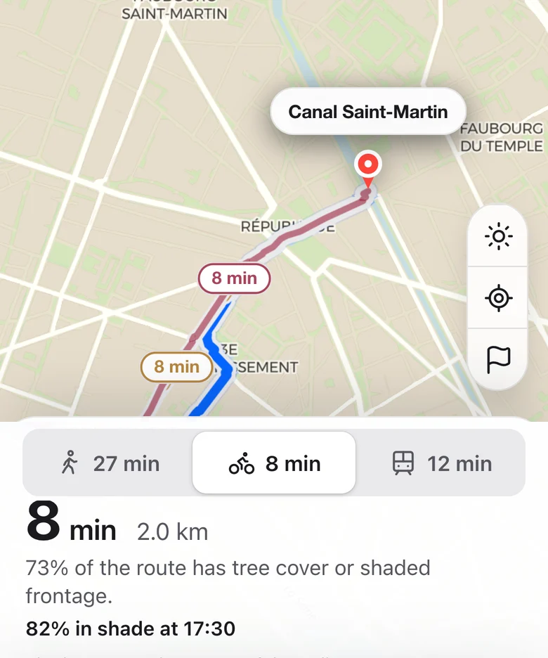 Waylight’s bike route to Canal Saint-Martin: 8 minutes by bike, next to 27 minutes on foot and 12 by transit.