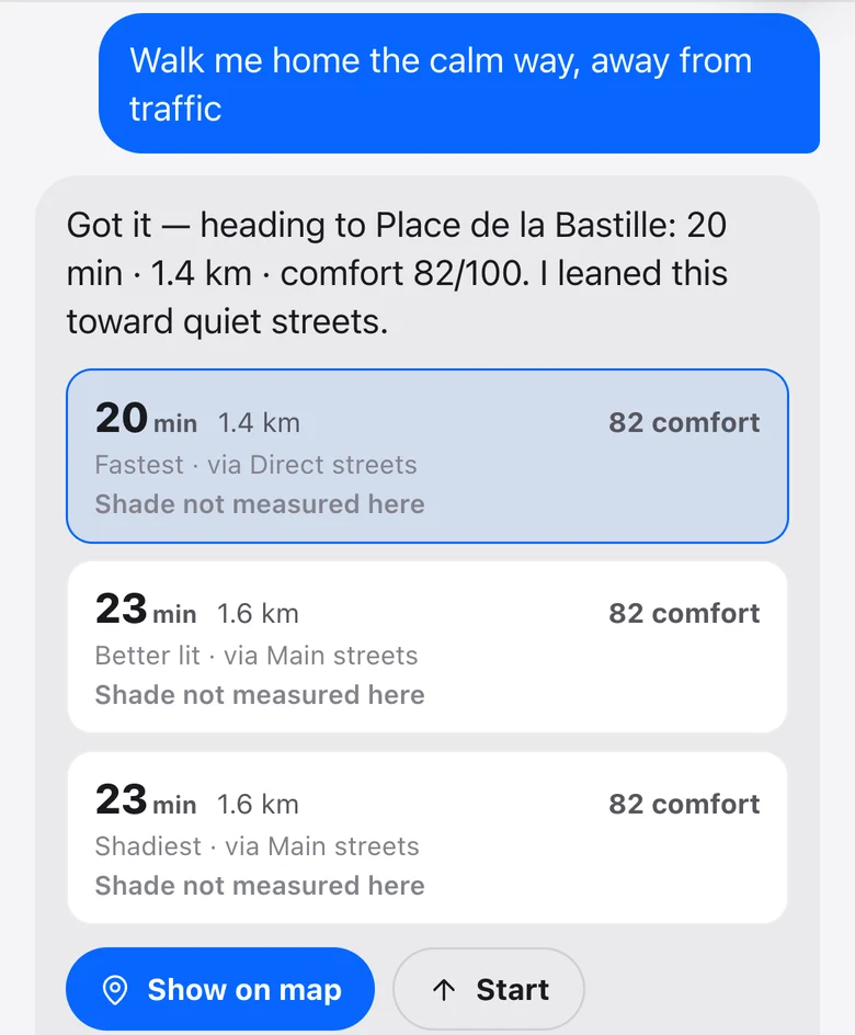 Ask Waylight’s real answer to “Walk me home the calm way, away from traffic”: a route leaned toward quiet streets.