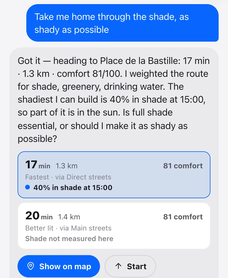 Ask Waylight’s real answer to a shady walk home: the shadiest route it can build, 40% in shade at 15:00.
