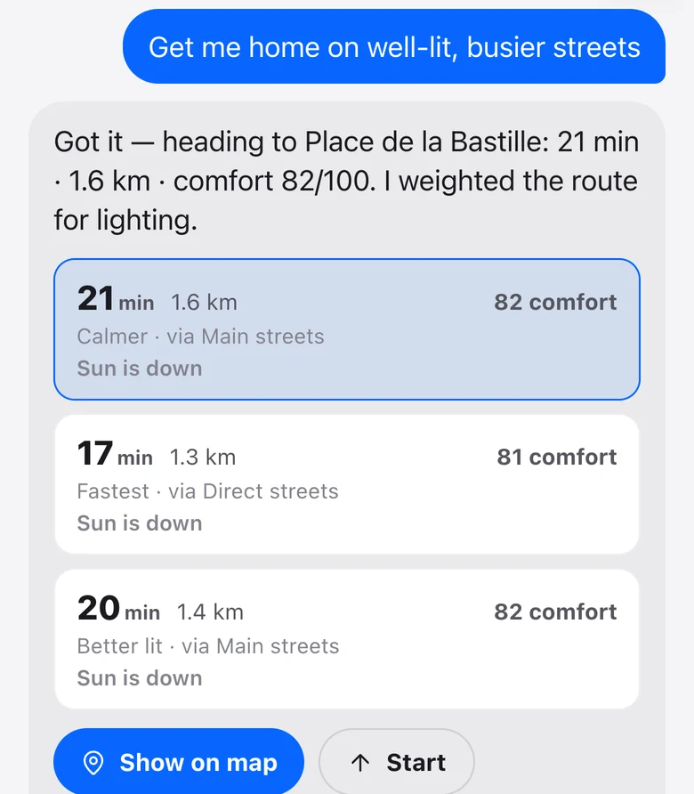 Ask Waylight’s real answer to “Get me home on well-lit, busier streets”: heading to Place de la Bastille, route weighted for lighting, with calmer, fastest and better-lit options.