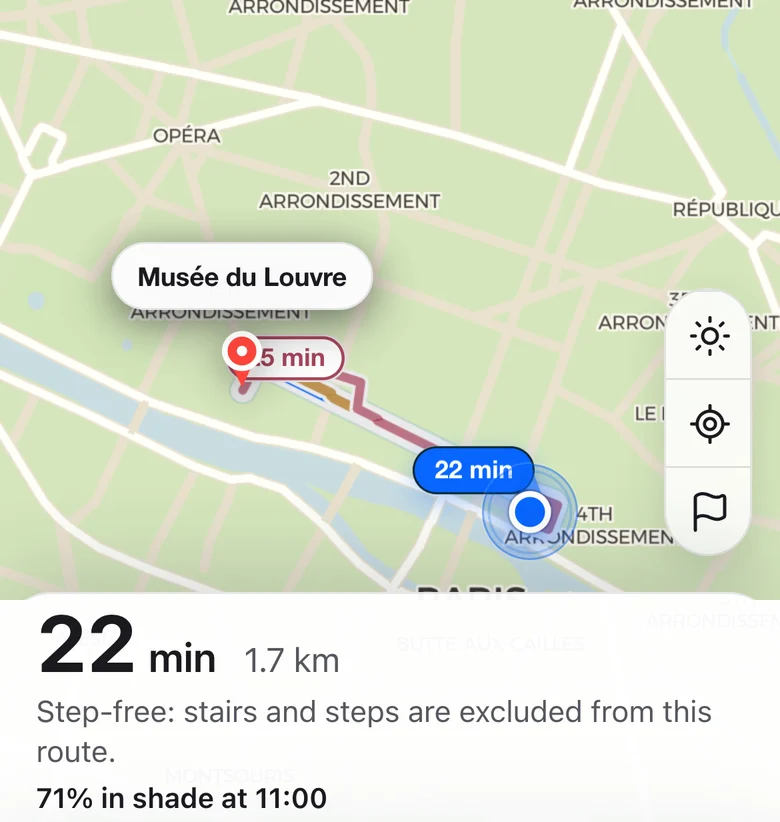 Waylight’s route preview to the Louvre with Step-free on: stairs and steps are excluded from this route.