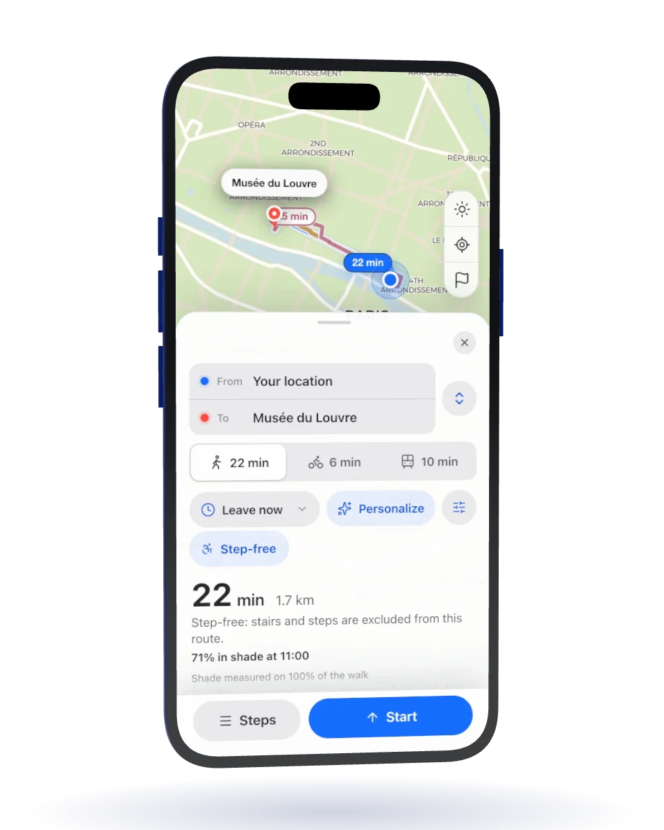 Waylight’s route preview to the Louvre with Step-free on: stairs and steps are excluded from this route.
