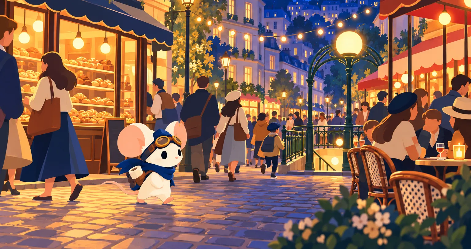 Illustration: a lively evening street with open shops, a busy café terrace, streetlights and people walking, and the Waylight mouse among them.