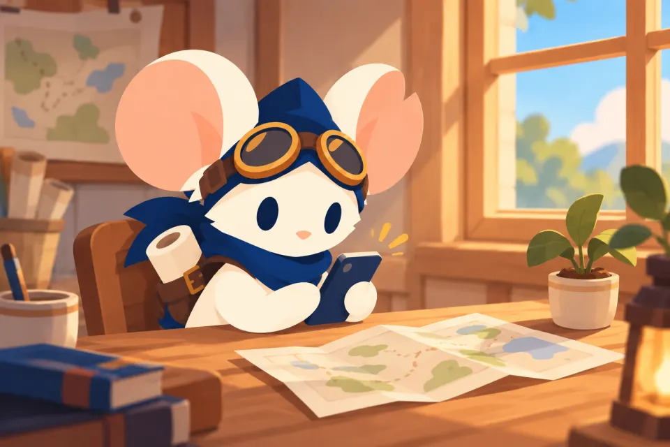 Illustration: the Waylight mouse at a small desk reading a short request on a phone, a map open beside it.
