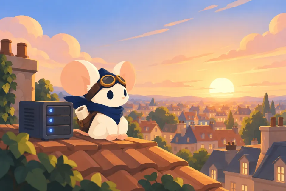 Illustration: the Waylight mouse on a rooftop beside a small server cabinet, looking over the city at sunset.