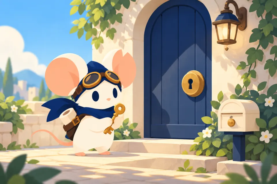 Illustration: the Waylight mouse holding a brass key in front of a neat front door with a round lock.